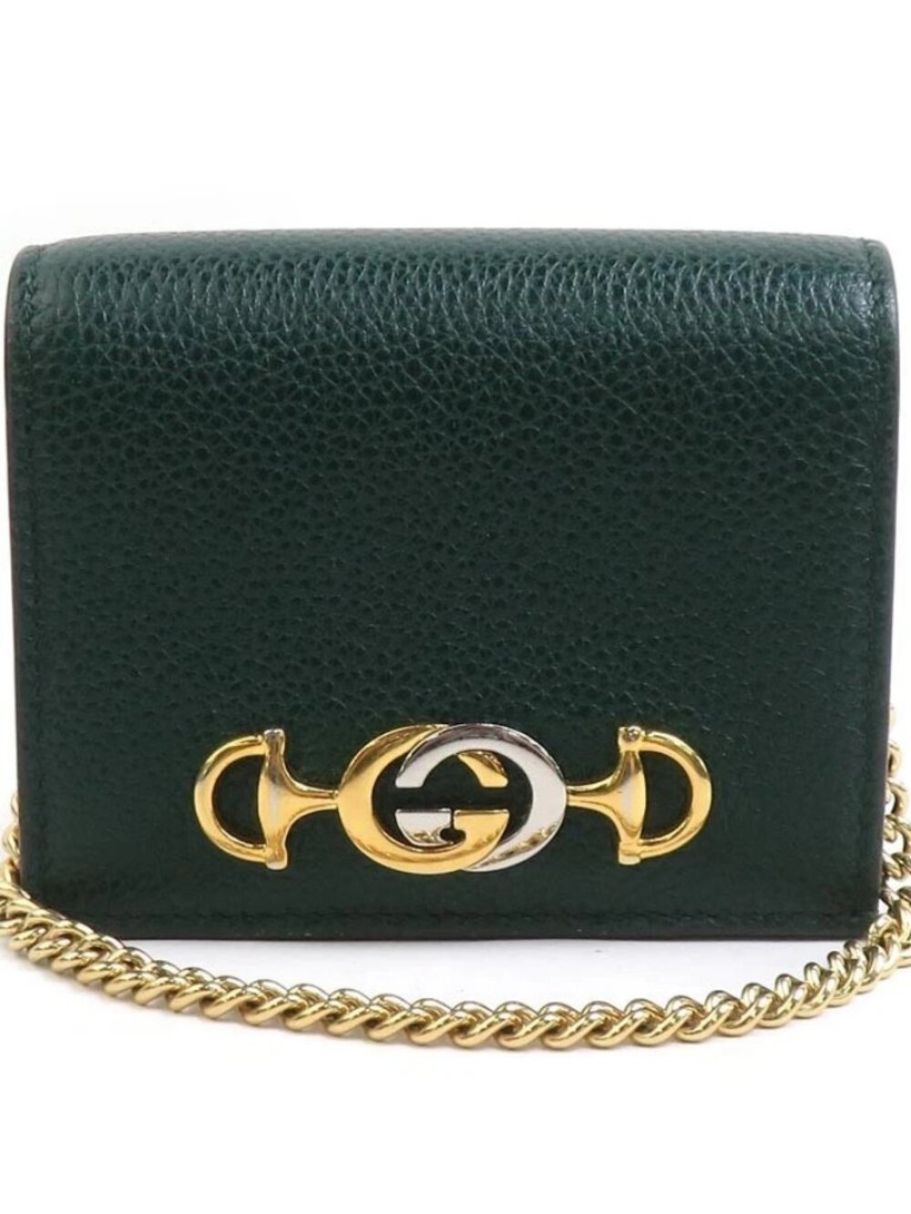 Auth GUCCI Zumi Bifold Wallet Chain Wallet Green/Gold/Silver Leather - e60739a